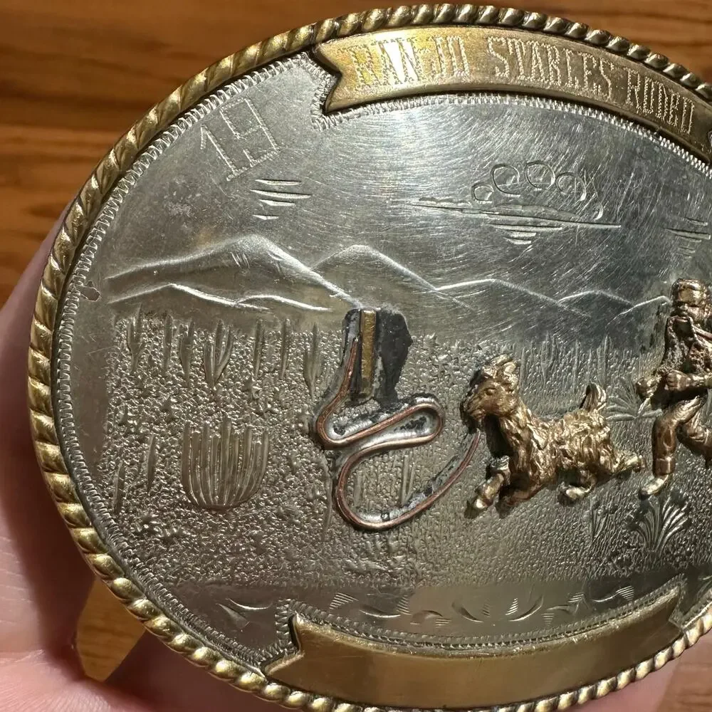 Vintage Irvine & Jachens German Silver 1971 Banjo Stables Rodeo Belt Buckle